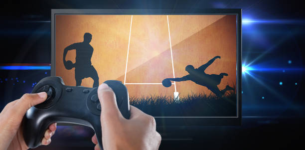 istock Composite image of woman playing video game against white background 1303719686