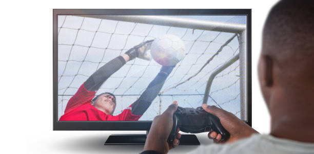 istock Composite image of man playing video game against white background 1303720978