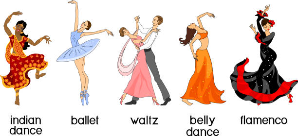 Various style dancing. Set with dancers of ballet, flamenco, indian, oriental dance and waltz isolated on white background Various style dancing. Set with dancers of ballet, flamenco, indian, oriental dance and waltz isolated on white background belly dancing stock illustrations