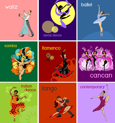 Various style dancing. Set with dancers: waltz, cancan, samba, aerial dance, ballet, flamenco, indian dance, tango, contemporary