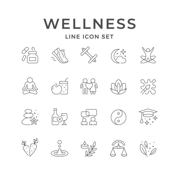 illustrazioni stock, clip art, cartoni animati e icone di tendenza di impostare le icone di linea del benessere - benessere