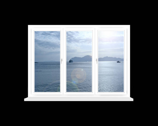istock Panoramic window overlooking in ocean with ships. Domestic concept 1303727666
