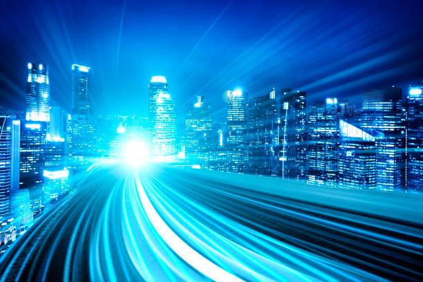 istock Digital data flow on road with motion blur to create vision of fast speed transfer 1303729585