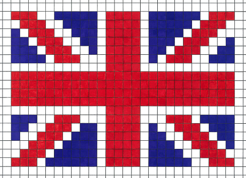Felt tip pen illustration of pixelated British flag hand painted over squares grid