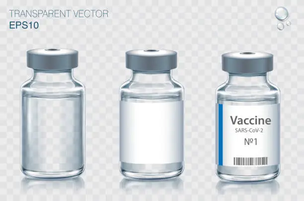 Vector illustration of Collection of medical vaccine bottles.  Transparent vector ampoule on light background