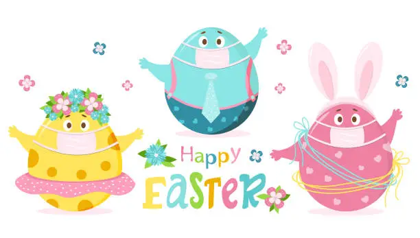 Vector illustration of Happy Easter colorful greeting card. Three cheerful cute Easter character eggs. boy and girl - with face, eyes and hands. They have medical masks to protect against coronavirus. Vector illustration