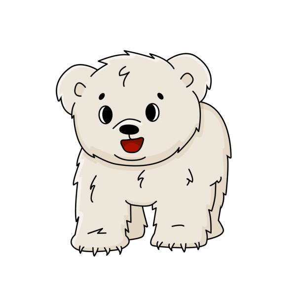 vektor cartoon kleine eisbär cub steht auf allen beinen und lächelt. outline animal ist auf weißem hintergrund isoliert - polar bear young animal isolated cub stock-grafiken, -clipart, -cartoons und -symbole