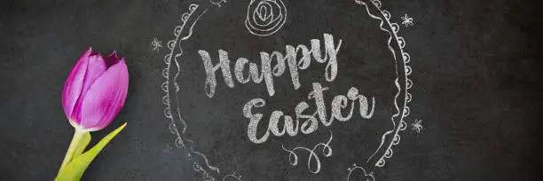 Photo of Composite image of happy easter red logo against a white background