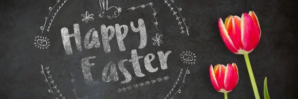 Photo of Composite image of happy easter red logo against a white background