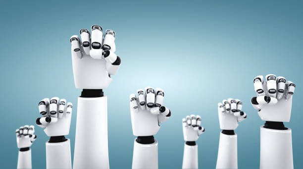istock Robot humanoid hands up to celebrate success achieved by using AI 1303731911