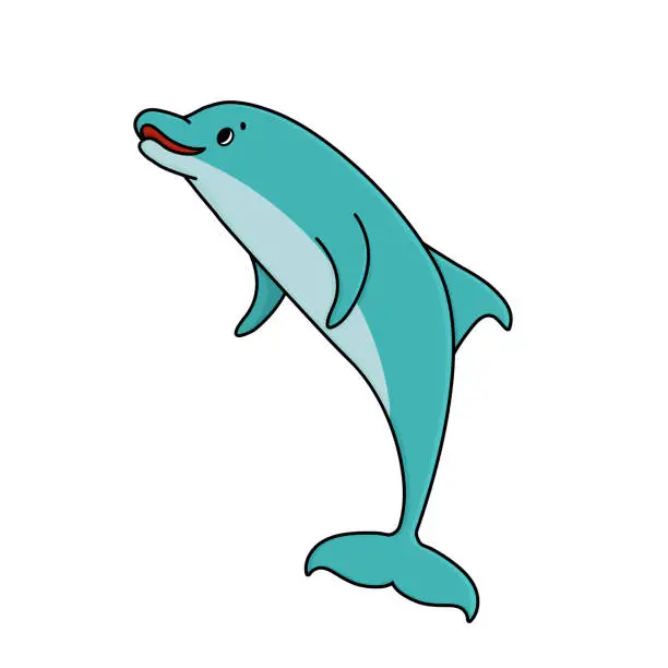 Vector illustration of Vector cute cartoon blue outline illustration of a funny dolphin with smile. Doodle happy Animal is isolated on white background