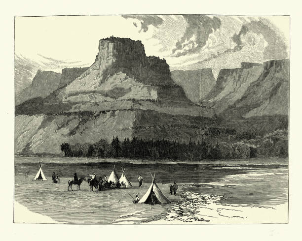 Vintage illustration of Native American camp in Yellowstone Park, 1880s, 19th Century