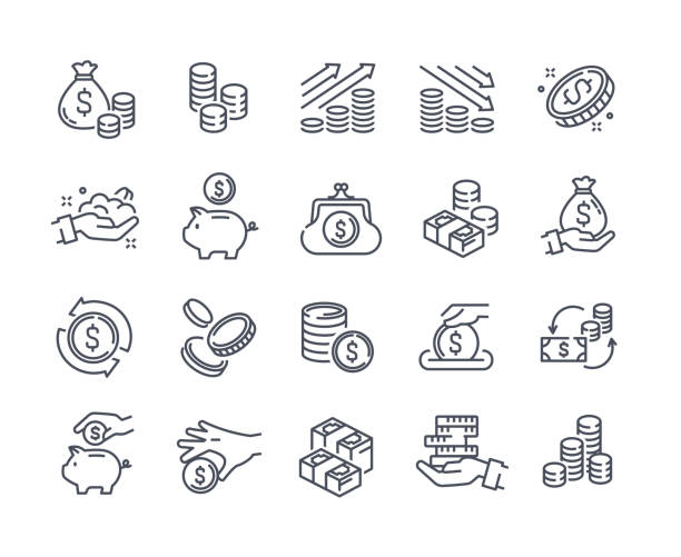 Collection of coins, money, earnings related icons Collection of coins, money, earnings related icons. Coins stack and donations, tips, piggy bank, bundle of banknotes. Set of outline cartoon vector illustrations isolated on white background coin outline stock illustrations