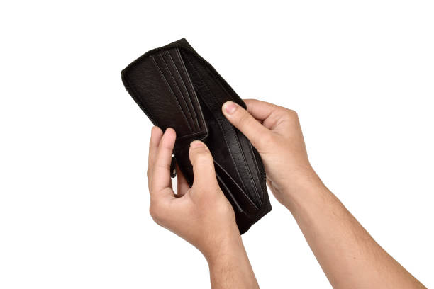 istock Empty leather wallet in hand isolated on white background with clipping path 1303736570