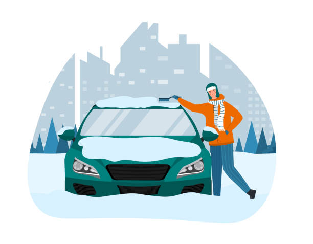 Male character is removing ice and snow from his car Male character is removing ice and snow from his car. Driver is standing and cleaning vehicle with brush from ice and snow at winter after night blizzard. Flat cartoon vector illustration snow storm city stock illustrations