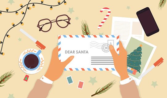 Hands are holding a letter to Santa Claus. Writing a letter to Santa with wishlist for Christmas. Letter with stamps. Flat cartoon vector illustration