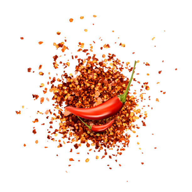 Red Chilli Pepper Flakes with Seeds Isolated Red chilli pepper flakes with seeds isolated. Pile of broken crushed hot red pepper, dried chili flake with pink salt pieces vector illustration chilli powder stock illustrations