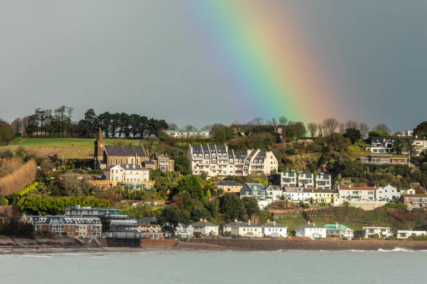 rainbow over gorey village, saint martin, bailiwick of jersey, channel islands - jersey uk nature landscape imagens e fotografias de stock