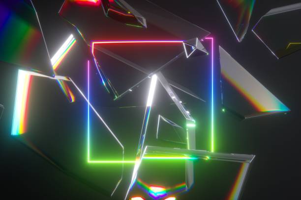 istock 3d render, abstract futuristic background with glowing square frame and broken glass, colorful laser rays 1303742221