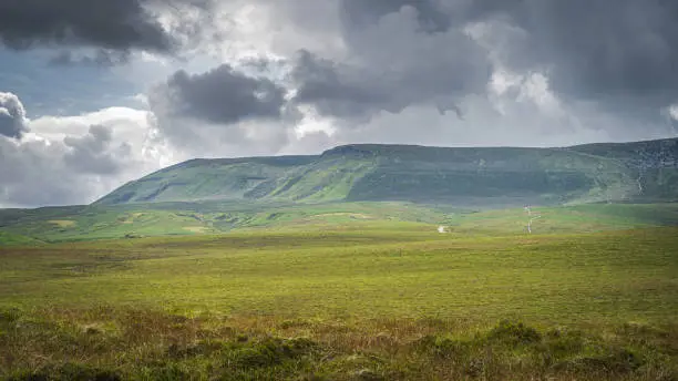 Green meadow and peatbog with a view on wooden boardwalk leading to Cuilcagh mountain, stormy, dramatic sky in background, Northern Ireland
