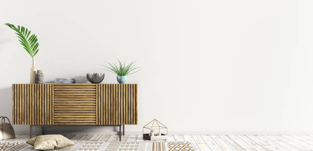 istock Modern interior with wooden dresser over white wall, home decoration 3d rendering 1303743252