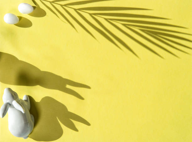 istock Funny Easter bunnies shadow decoration yellow background 1303743669