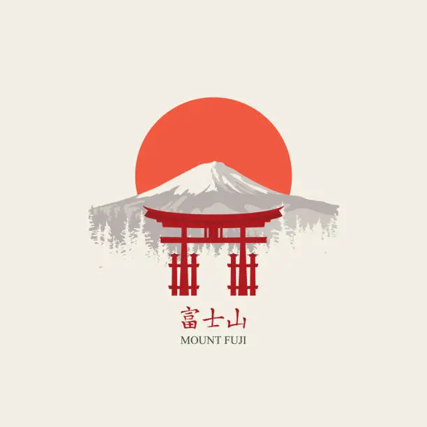 Vector illustration of Japanese banner with torii gate and mount Fuji