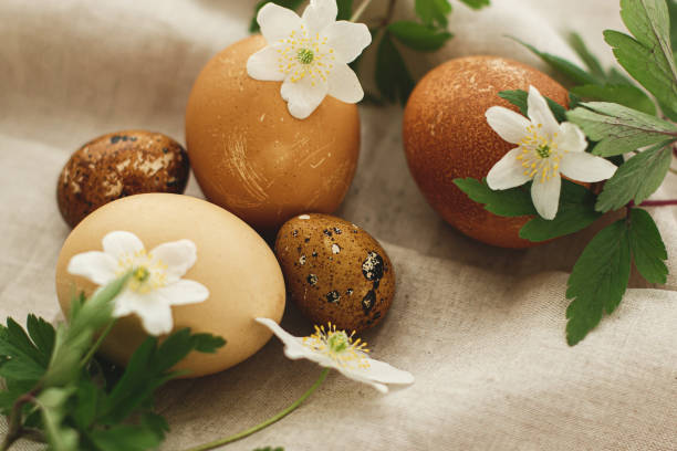 istock Modern brown easter eggs with spring flowers on rustic linen cloth. Happy Easter! Aesthetic 1303746808