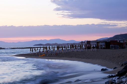 A beautiful beach in Belvedere Marittimo, Calabria, Italy at sunset