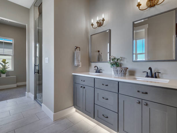 Modern Master Bathroom Light And Dark Grey Home Interior Real Estate Listing stock photo