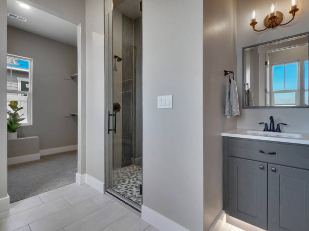 Modern Master Bathroom and Shower and Walk In Closet Light Grey Walls And Dark Grey Cabinets Home Interior Real Estate Listing stock photo