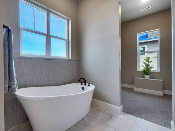 Modern Master Bathroom Freestanding Bathtub and Walk In Closet with Window Interior Real Estate Listing stock photo