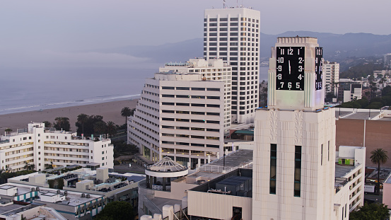 The Pacific Ocean coastline glimpsed from towers in downtown Santa Monica. California.