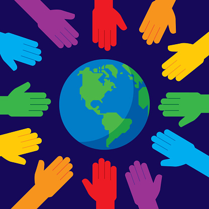 Vector illustration of multi-colored hands around the earth against a dark blue background in flat style.