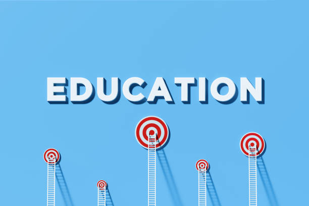 White ladders leaning on to bull's eye targets which sit below education written blue wall. Horizontal composition with copy space. Education concept.