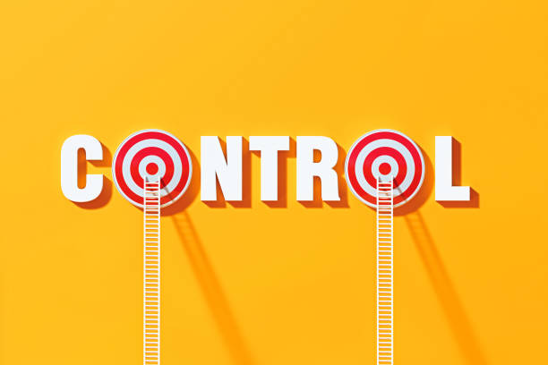 istock Control Concept - White Ladders Leaning On To Control Written Bull's Eye Target on Blue Wall 1303751267
