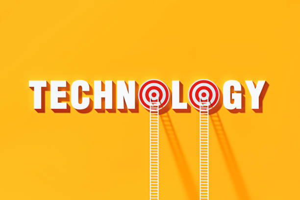 istock Technology Concept - White Ladders Leaning On To Technology Written Bull's Eye Target on Blue Wall 1303751325