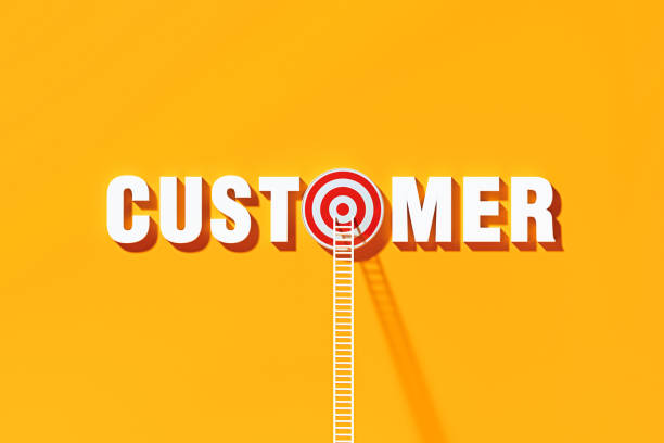 istock Customer Concept - White Ladders Leaning On To Customer Written Bull's Eye Target on Blue Wall 1303751967