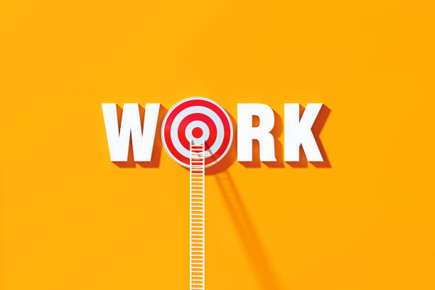 istock Work And Career Concept - White Ladders Leaning On To Work Written Bull's Eye Target on Blue Wall 1303752039