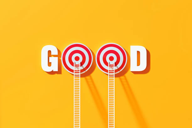 istock Quality Concept - White Ladders Leaning On To Good Written Bull's Eye Target on Blue Wall 1303752107