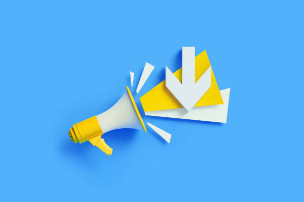 istock Down Arrow Symbol Coming Out From Yellow Megaphone On Blue Background 1303753828