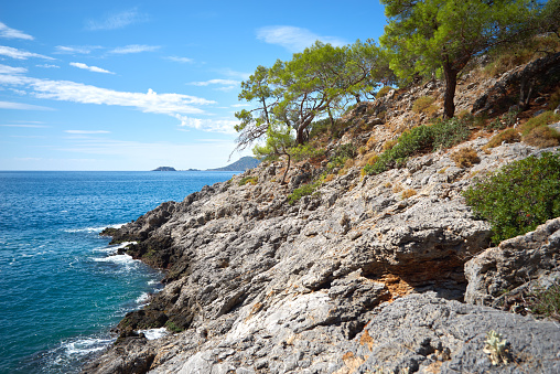 View to the mountain rocky slope, blue Mediterranean Sea and pine-trees, clear sky near Fethiye-Turkey