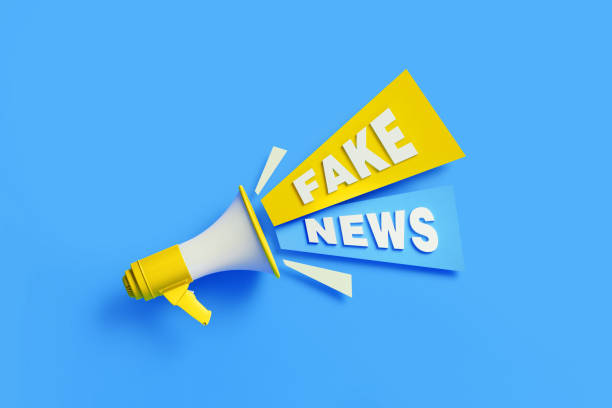 Fake News Coming Out From Yellow Megaphone On Blue Background Fake news coming out from a yellow megaphone on blue background. Horizontal composition with copy space. Great use for fake news concepts. fake news stock pictures, royalty-free photos & images