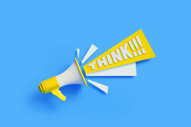 istock Think Word Coming Out From Yellow Megaphone On Blue Background 1303754107