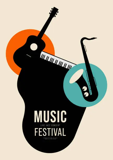 Vector illustration of Music poster design template background decorative with guitar, piano, and saxophone