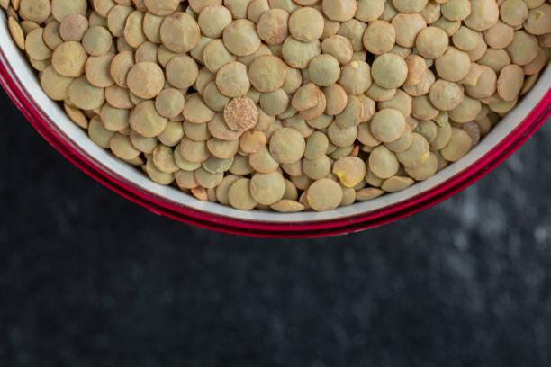 istock A red bowl with dried brown raw lentils on a dark background 1303755837