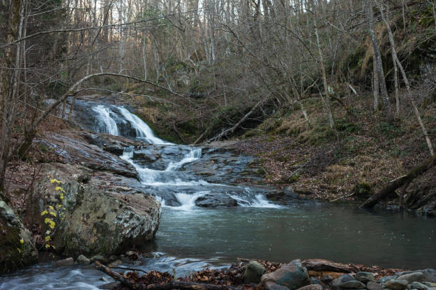 a água flui sobre o riacho rochoso nas montanhas da virgínia - blue ridge mountains stream forest waterfall - fotografias e filmes do acervo