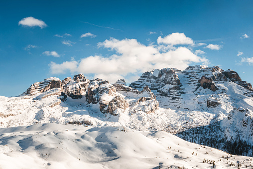 Alpine winter landscape on a sunny day background photo. Beautiful mountain landscape in the Alps. Winter sports / Winter concept. Natural wallpaper