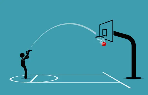 Vector illustration of Man shooting a basketball into a hoop and scoring from free throw line.
