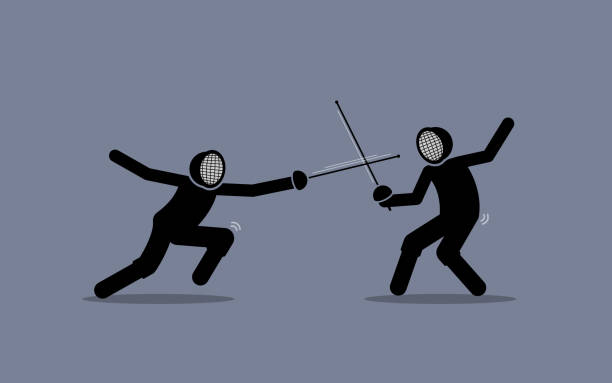 Two fencers fighting in a fencing sport game. Vector illustration concept of fencing, duel, competition, rival, opponent, warrior, versus, and combat. fencing sport stock illustrations